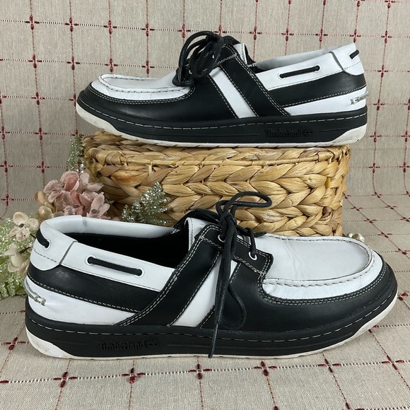 Timberland Boat Shoes Mens Size 11.5 Black & White Leather Deck Shoes PreLoved - Picture 3 of 10